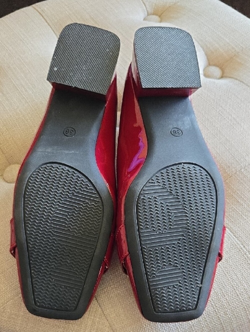 Red Patent Low Heels with Gold Accent - Picture 2 of 5